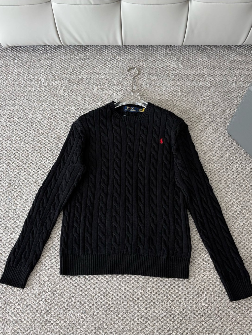 Polo by Ralph Lauren Black Cable-Knit Crewneck Sweater with Red Pony